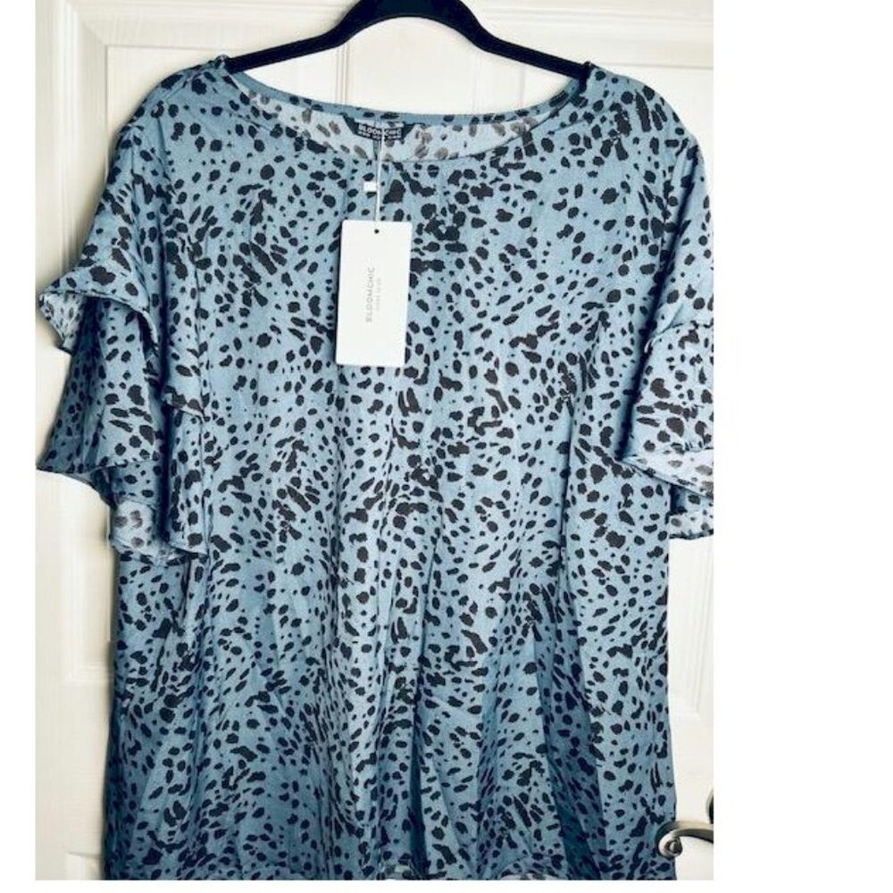 BloomChic Blue and Black Dotted Ruffle Sleeve Blouse - Picture 3 of 11